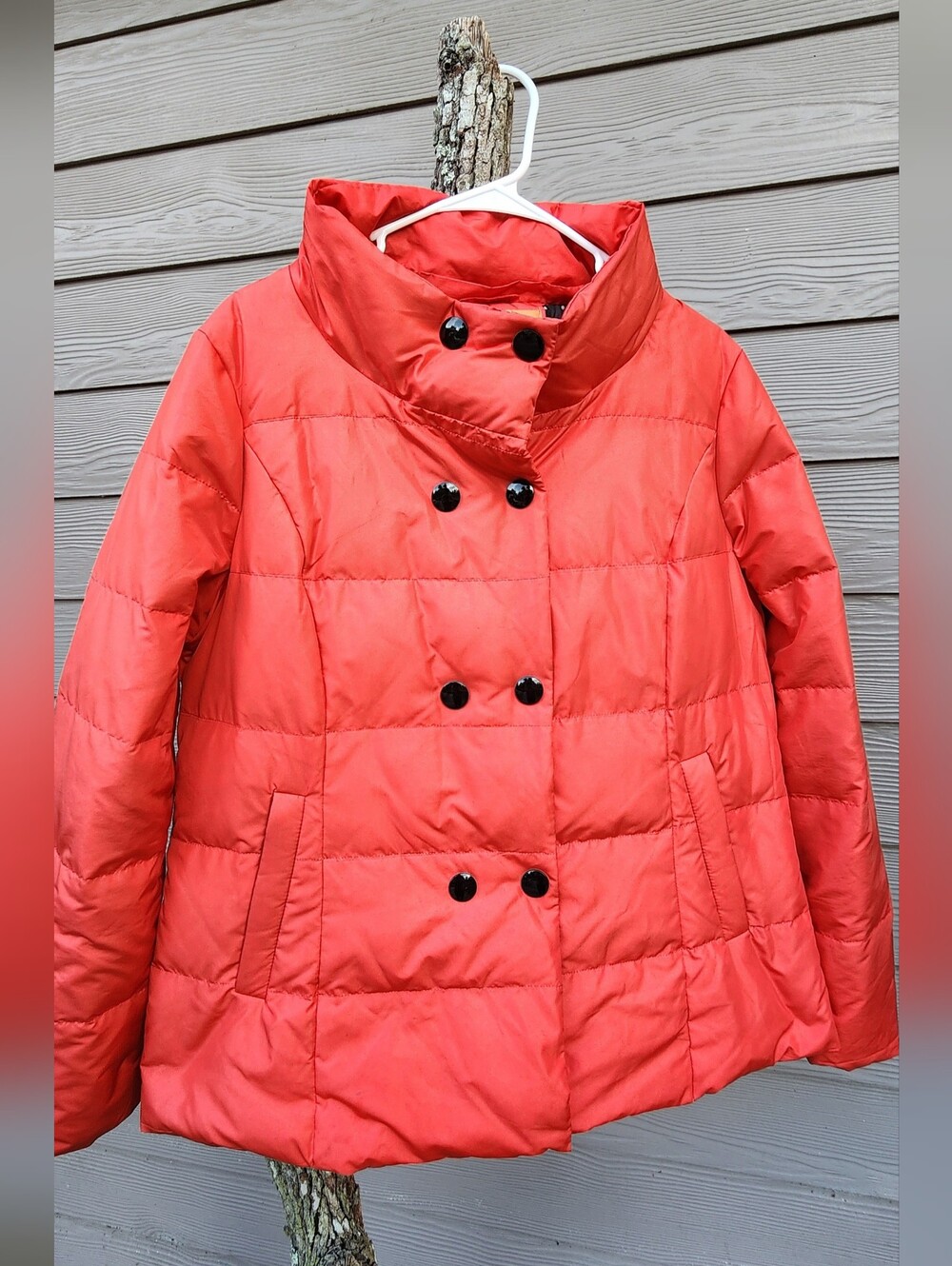 Metro Coral-Red Double-Breasted Down  Puffer Coat